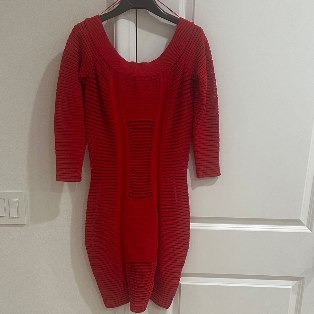Balmain Red Off the Shoulder Long Sleeve Ribbed Dress